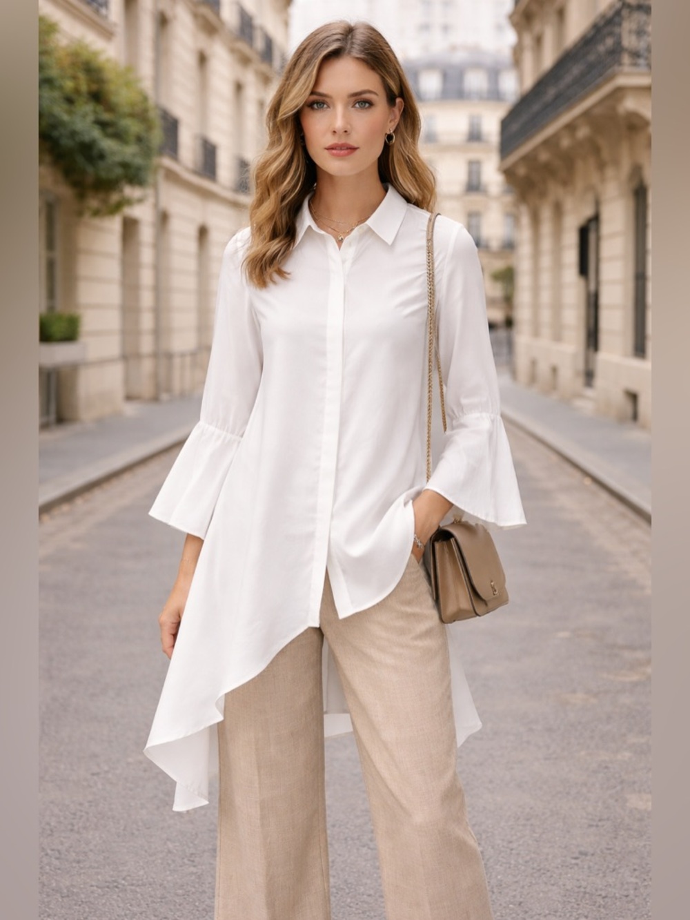 N12H white tunic shirt dress button up flare sleeves breezy euro-summer minimal